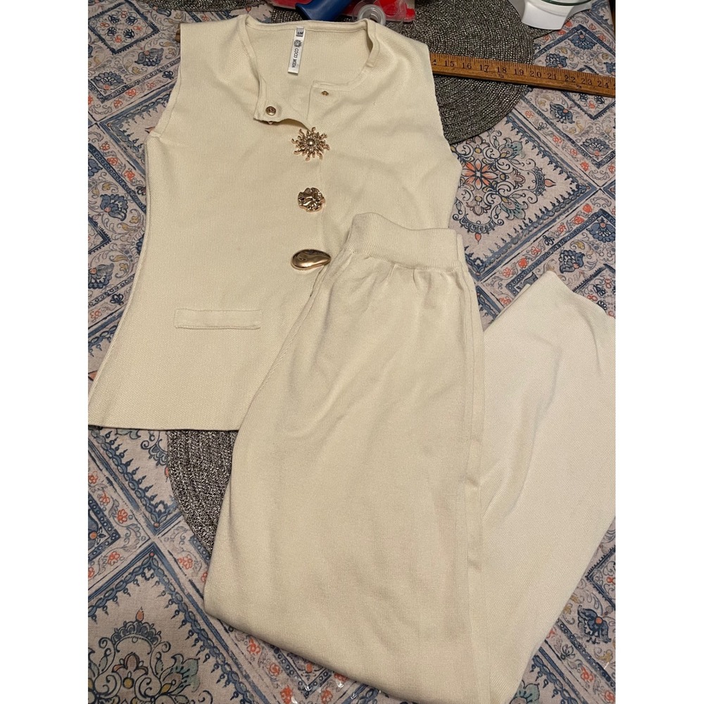Coco Moda Ivory Knit 2 Piece Set Vest Wide Leg Pants Gold Sun Buttons SM